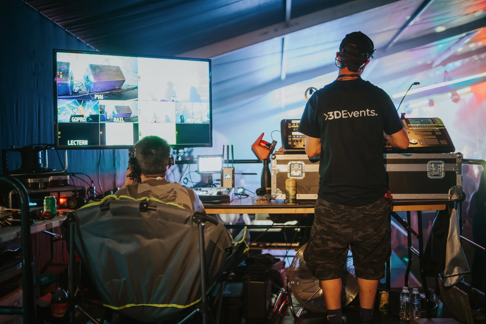 3D Events crew operating video and show-control equipment